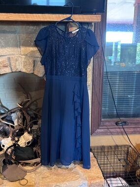 Elegant Navy Blue Women's Sequin & Chiffon Dress